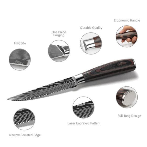 6 Piece Stainless Steel Damascus Patterned Steak Knife Set - Picture 2 of 4